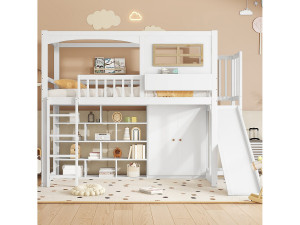 Merax Hoogslaper 90 x 200 cm met glijbaan, kledingkast en boekenkast - Grenen + MDF + multiplex - Lattenbodem - Wit