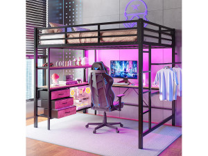 Merax Hoogslaper 140 x 200 cm met hoekbureau, 3 lades en planken - USB-poort en sfeerverlichting - Metaal - Zwart (matras niet inbegrepen)