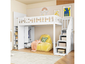 Merax Hoogslaper 90 x 200 cm met kledingkast, opbergplanken en lades - Dennen + MDF - Wit (zonder matras)