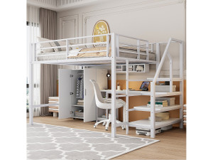 Merax Hoogslaper 140 x 200 cm met bureau, kledingkast en planken - Metaal + MDF - Wit (zonder matras)