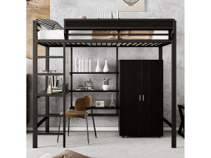 Merax Hoogslaper 90 x 200 cm met bureau, kledingkast en opbergplanken - IJzer + spaanplaat - voor kinderen - Zwart