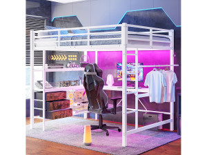 Merax Hoogslaper 140 x 200 cm met hoekbureau, 3 lades en planken - USB-poort en sfeerverlichting - Metaal - Wit (matras niet inbegrepen)