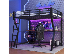 Merax Hoogslaper 90 x 200 cm met bureau, stopcontact + USB-poort en planken - Sfeerverlichting - Metaal - Zwart (matras niet inbegrepen)