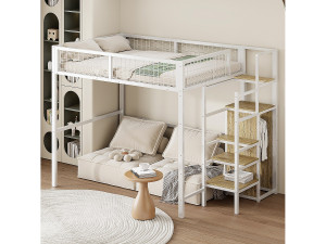 Merax Hoogslaper 140 x 200 cm met kledingkast en ladder - Metaal en MDF - voor kinderen - Wit