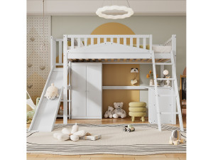Merax Hoogslaper 90 x 200 cm met glijbaan, kledingkast en bureau - Dennen + MDF + multiplex - Lattenbodem - Wit