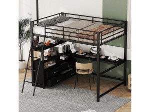 Merax Hoogslaper 140 x 200 cm met L-vormig hoekbureau en 4 lades - Metaal - Zwart (zonder matras)