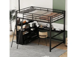 Merax Cama alta 140 x 200 cm com escrivaninha de canto em L e 4 gavetas - Metal - Preto (sem colchão)