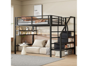Merax Hoogslaper 140 x 200 cm met opbergplanken en ladder - Metaal - Zwart (zonder matras)