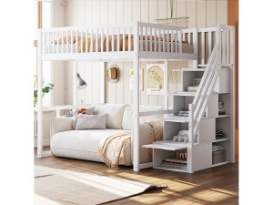 Merax Hoogslaper 140 x 200 cm met 4 lades en opbergplanken - Grenen + multiplex + MDF - voor kinderen - Wit