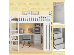 KOMHTOM Mezzanine bed, 140*200 cm, bureau, kledingkast, 3 laden, open kastruimte, balustrade, trap, zonder matras, wit