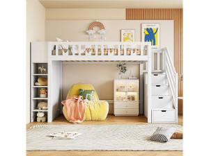 KOMHTOM Mezzanine bed, 90*200 cm, opbergladder, legplanken, scharnierende opbergkasten, aankleedhoek onder bed, love handles, wit