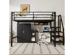 KOMHTOM Mezzanine bed 140*200 cm, kledingkast, legplanken, opbergladder, bureau, zonder matras, zwart