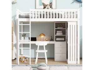 KOMHTOM Mezzanine bed, 90*200 cm, bureau, kleerkast, 3 laden, open opbergruimte, balustrade, trap, zonder matras, wit
