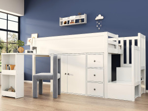 ModernLuxe Mezzaninebed voor kind van 90x200 cm - met schuifbureau + zijopslagruimte - met kast - met trap - wit