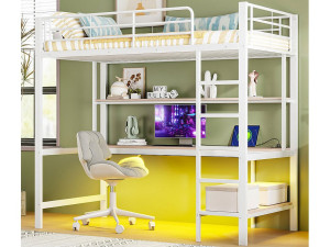 ModernLuxe Hoogslaper 90x200 cm - met spijlen - met ladder - met USB en stopcontacten - met LED-verlichting - met bureau + meerlaagse planken - wit