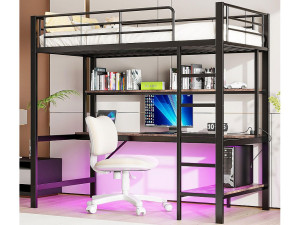 ModernLuxe Hoogslaper 90x200 cm - met spijlen - met ladder - met USB en stopcontacten - met LED-verlichting - met bureau + meerlaagse planken - zwart