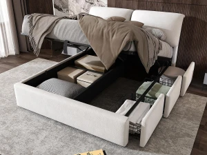 ModernLuxe Cama estofada 140x190 cm - com três gavetas - estrado de ripas - veludo - bege (colchão não incluído)