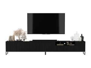 Mueble TV con 7 puertas y nicho – Cuerpo negro mate, frentes acanalados negro mate – 300 cm, estructura de metal negro
