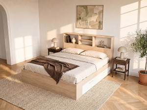 Vente-unique Bed met opbergruimte - 140 x 190 cm - Kleur: houtlook en wit + bedbodem + matras - VARDIEL