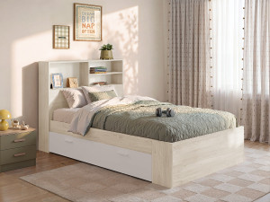 Vente-unique Bed met opbergruimte - 120 x 190 cm - Kleur: houteffect en wit + bedbodem + matras - VARDIEL