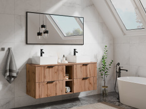 Vente-unique Geribbeld hangend meubel onder wastafel met nissen - Licht naturel - L140 cm - ZEVARA