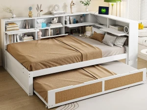 ModernLuxe Sofá-cama em madeira maciça 140x200cm - Com cama de rodízio - Com vários compartimentos de arrumação - Com porta de carregamento - Branco