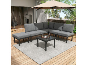 Merax Modulaire tuinset voor 6 personen in gegalvaniseerd staal: 1 2-zitsbank + 1 2-zitsbank + 1 kruk + 1 vierkante salontafel - Grijs