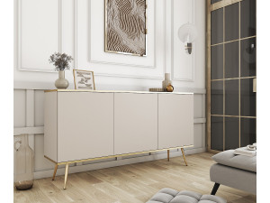DOMO HOME Dressoir ORO K-160 Modern 160 cm Breed Beige, 2 Deuren, 2 Lades, Push-to-Open, Metalen Poten Goud 23 cm, Gelamineerd Paneel 16 mm