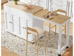 ModernLuxe Ilha central de cozinha com 4 portas - Tampo extensível - 118(180)x46x94 cm - Branco + Natural