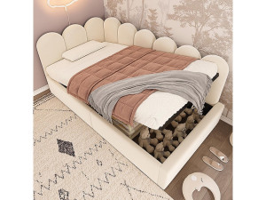 KOMHTOM Kinderbed 90x190cm, gestoffeerde slaapbank met hydraulische opslag, metaal Vlak noedelsframe, fluweel, beige