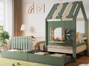 ModernLuxe Kinderbed 90x200 cm - met dak en raam - met omheining - met 2 lades - massief hout + MDF - groen + naturel