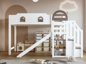 ModernLuxe Hoogslaper 90x200 cm - met raam - met glijbaan - trap met leuning - massief hout + MDF - wit + bruin