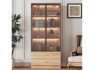 Merax Vitrinekast, hoge buffetkast met 2 laden en 2 glazen deuren - 75 X 34,5 X 170 cm - MDF hout - Bruin