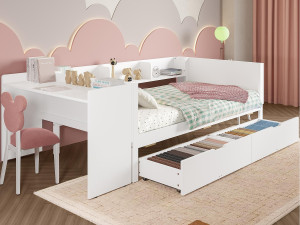 ModernLuxe Eenpersoons kinderbed 90x200 cm - met bureau - met 2 lades - met planken - massief hout - wit (zonder matras)