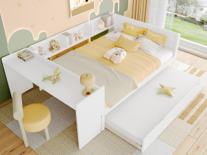 ModernLuxe Tweepersoons kinderbed 140x200 cm - met bureau - met nestbed - met lattenbodem - massief hout - wit (zonder matras)