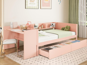 ModernLuxe Eenpersoons kinderbed 90x200 cm - met bureau - met 2 lades - met planken - massief hout - roze (zonder matras)