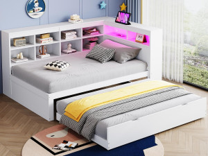 ModernLuxe Slaapbank van massief hout 90x200 cm - met nestbed - met USB-poort + LED-verlichting - met opbergruimte - wit (zonder matras)