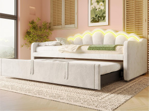 ModernLuxe Slaapbank 90x200/180x200 cm - met nestbed - met LED-verlichtingsstrip - fluweel - beige (matras niet inbegrepen)