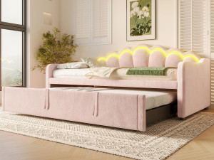 ModernLuxe Slaapbank 90x200/180x200 cm - met nestbed - met LED-lichtstrip - fluweel - roze (matras niet inbegrepen)