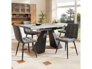 Merax Eettafel + 4 fluwelen stoelen set - 140 x 80 x 75 cm - MDF + gouden metalen poten - Wit + beige