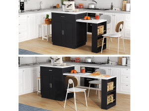 Merax Mobiel keukeneiland met 2 lades, 2 deuren en opbergplanken - 211x55x89,5 cm - MDF - Zwart + Wit