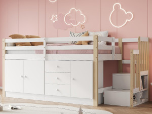 ModernLuxe Kinderhoogslaper 90x200 cm - met kasten en lades - Wit + Natuur