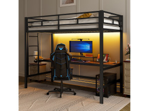 Merax Hoogslaper met leuning en trapladder - 90 x 200 cm - met USB en tafel - LED - zonder matras - metaal - wit