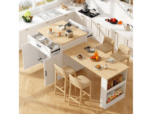 Merax Modern kookeiland (133-202 × 70 × 93,5 cm), 2 lades en 2 compartimenten voor 2-6 personen, MDF, Wit