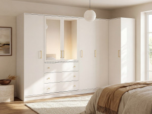 Vente-unique Hoekkast met 6 deuren en 3 lades - Met spiegels - L311 cm - Wit - LIZANDRO