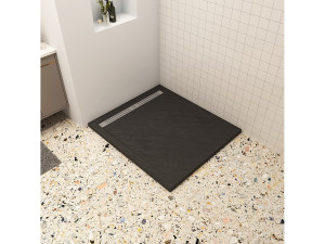 Aica 90x90x3cm zwart douchebak, vierkant，gemaakt van een mengsel van natuursteen en hars, antislip, antibacterieel, met douchegoot rooster en afvoer