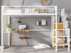ModernLuxe Mezzaninebed 90 x 200 cm - met tafel - met open kast - veiligheidsladder met 4 treden - ijzer + dekplanken - wit (zonder matras)
