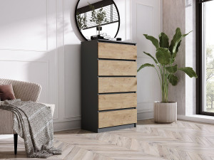 Ladekast met 5 laden: Antraciet / Lancelot Eiken, 70 x 39 x 125 cm