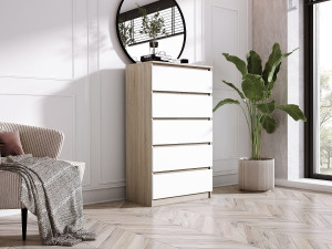 Ladekast met 5 lades, Sonoma eiken / mat wit, 70 x 39 x 125 cm