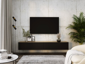 Hangend tv-meubel, (2 x 100) x 34 x 32 cm, Wotan eiken / mat zwart